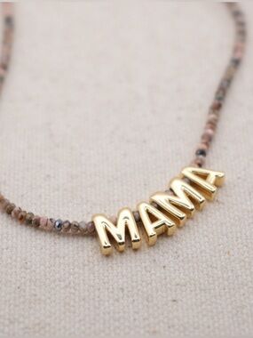 MAMA Bubble Letter Necklace Gold Filled Rhodonite Tiny Bead Minimalist Necklace